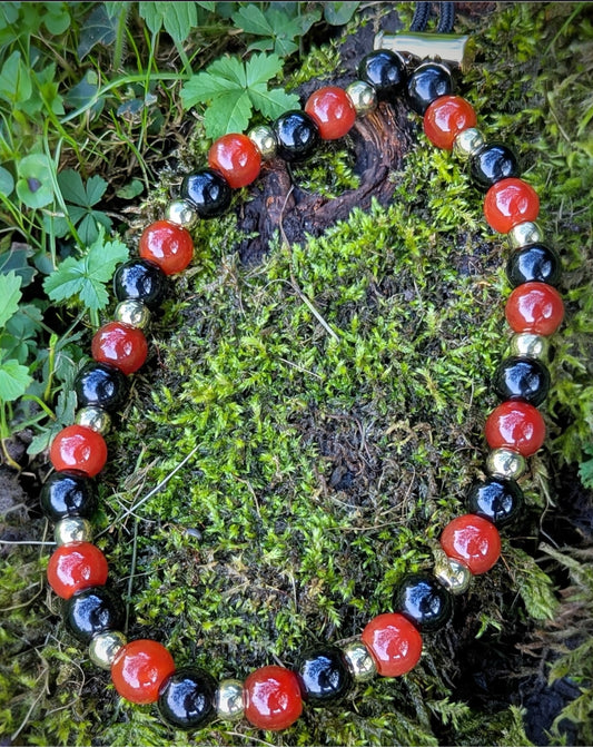 Collier Perles Naturelles Agate Rouge/Obsedienne Noire