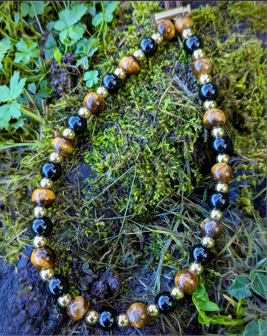Collier Perles Naturelles Œil de tigre/Obsedienne Noire